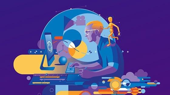 A modern graphic in purple and blue tones with yellow highlights depicts a graphic designer using a desktop computer and stylus surrounded by a collage, 其中包括一个解剖模型, 箭头, 统治者, 云, 一个电影偶像.